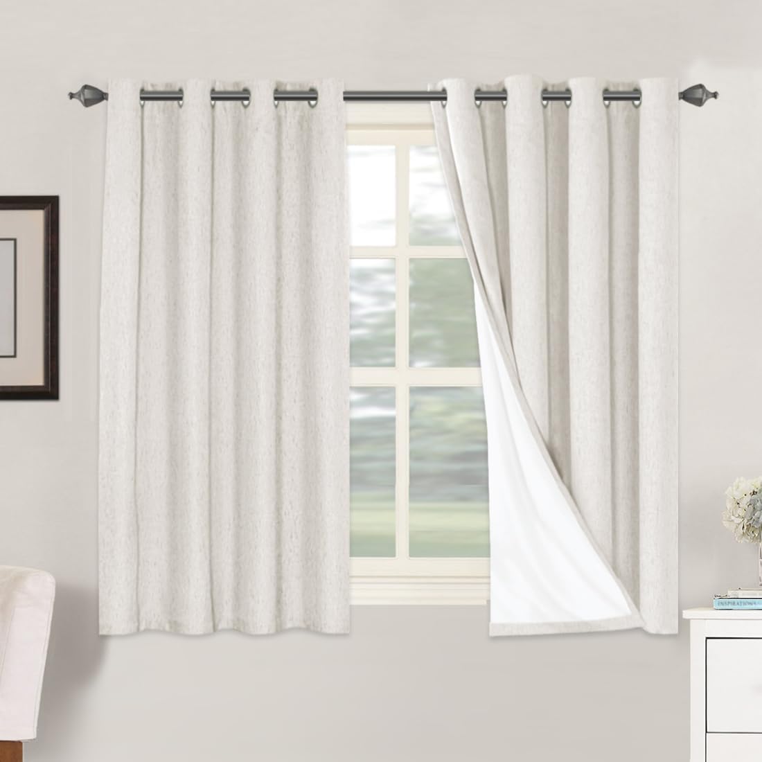H.VERSAILTEX Primitive Linen Curtains 100% Blackout Curtain Drapes Burlap Fabric Curtains with White Thermal Insulated Liner, Grommet Top Drapes Living Room/Bedroom (2 Panels, 52 x 54 Inch, Ivory)