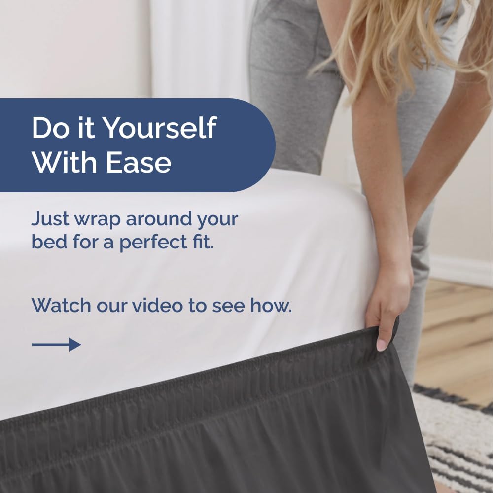 Wrap Around Dust Ruffle Bed Skirt - Charcoal - for Full Size Beds w/ 12 Inch Drop - Easy Fit Elastic Strap - Adjustable Pleated Bedskirt w/Brushed Fabric - Wrinkle Free - for Women, Men, Kids & Teens