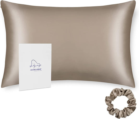 ALASKA BEAR Silk Pillowcase for Hair and Skin, 100% Mulberry Silk Pillow Cases Queen Size for Bliss Sleep with Random Color Scrunchy Gift Set Better Than Poly Satin, 1pc,Taupe