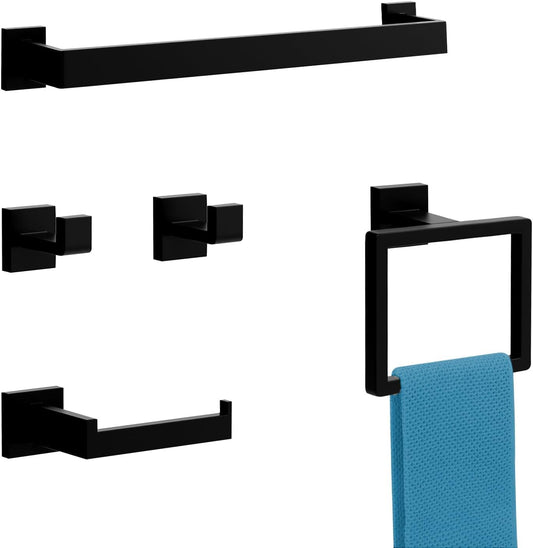 5-Pieces Matte Black Bathroom Accessories Set, 16 Inch Bath Towel Bar Set, SUS 304 Stainless Steel Bathroom Hardware Set, Towel Racks for Bathroom Wall Mounted