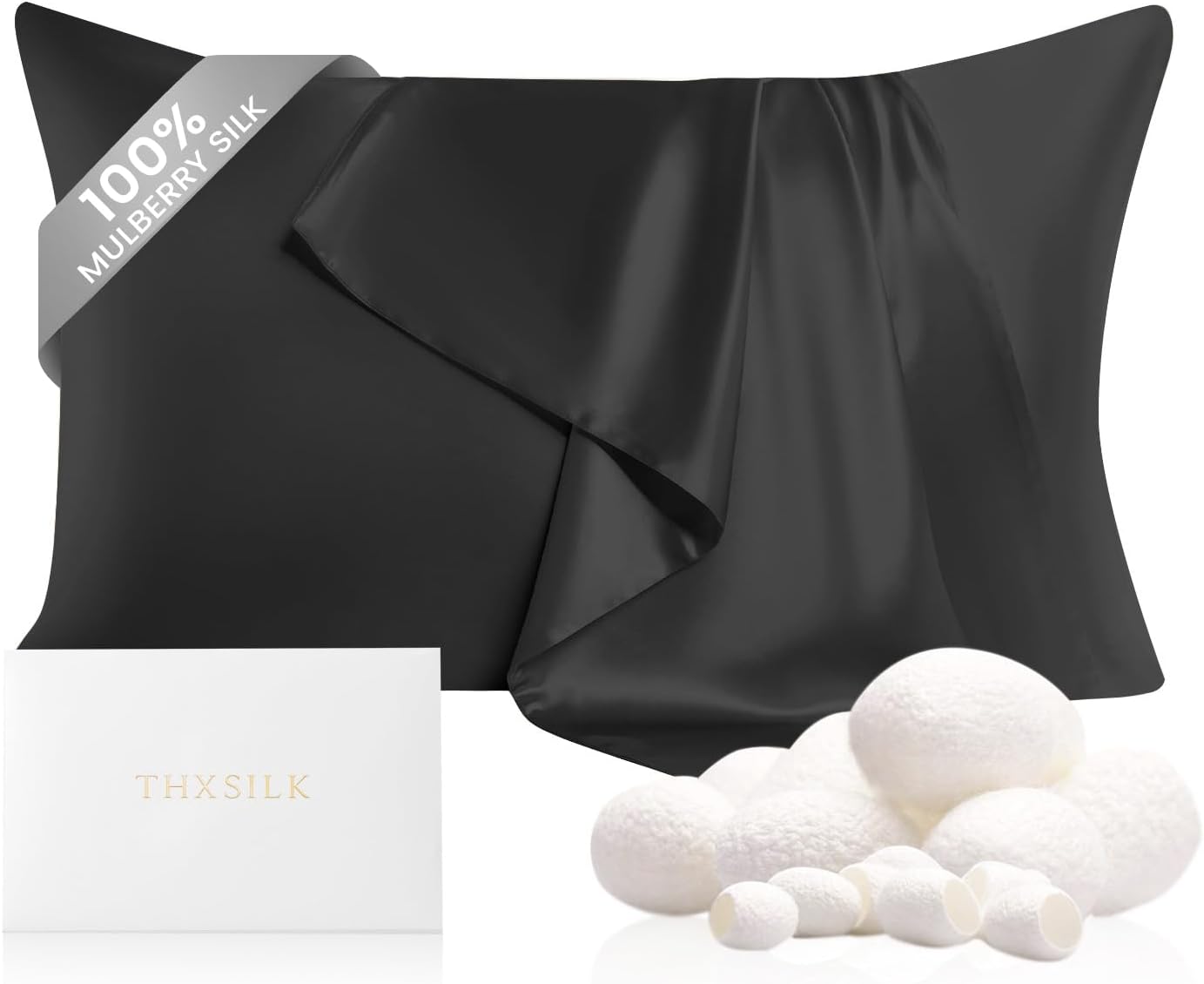 THXSILK Mulberry Silk Pillowcase for Hair and Skin, 100% Mulberry Silk Bed Pillowcase 22 Momme, Soft and Breathable Silk Pillow Case with Hidden Zipper, King Size Pillow Case 20"x36"(Black)
