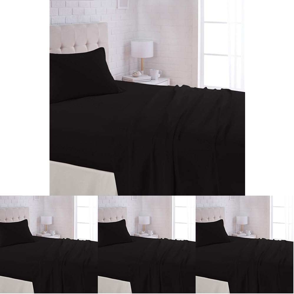Amazon Basics Lightweight Super Soft Easy Care Wrinkle Free Microfiber 3 Piece Bed Sheet Set with 14-Inch Deep Pockets, Twin, Black, Solid, Kids, Men & Women Bedding (Pack of 4)