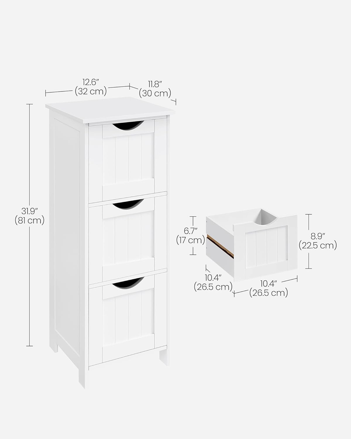 VASAGLE Floor Storage Cabinet, Freestanding Storage Unit with 3 Drawers, 11.8 x 12.6 x 31.9 Inches, for Bathroom, Living Room, Kitchen, Modern Style, Matte White UBBC50WT