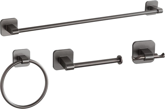 Bathroom Accessories Set, 4 Pieces Bathroom Hardware Set, 24 inch Towel Bar, Towel Racks, Robe Towel Hooks, Toilet Paper Holder Wall Mounted Or Self-Adhesive,Stainless Steel and Plastic (Gray)
