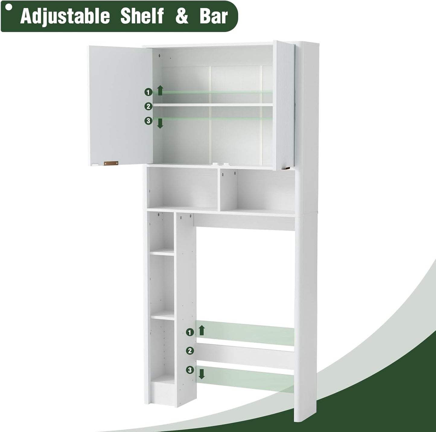 31" W Over The Toilet Storage Cabinet with Fluted Door, White Bathroom Organizer with Adjustable Shelf, Toilet Paper Holder Stand Wave Door for Restroom, Laundry Room