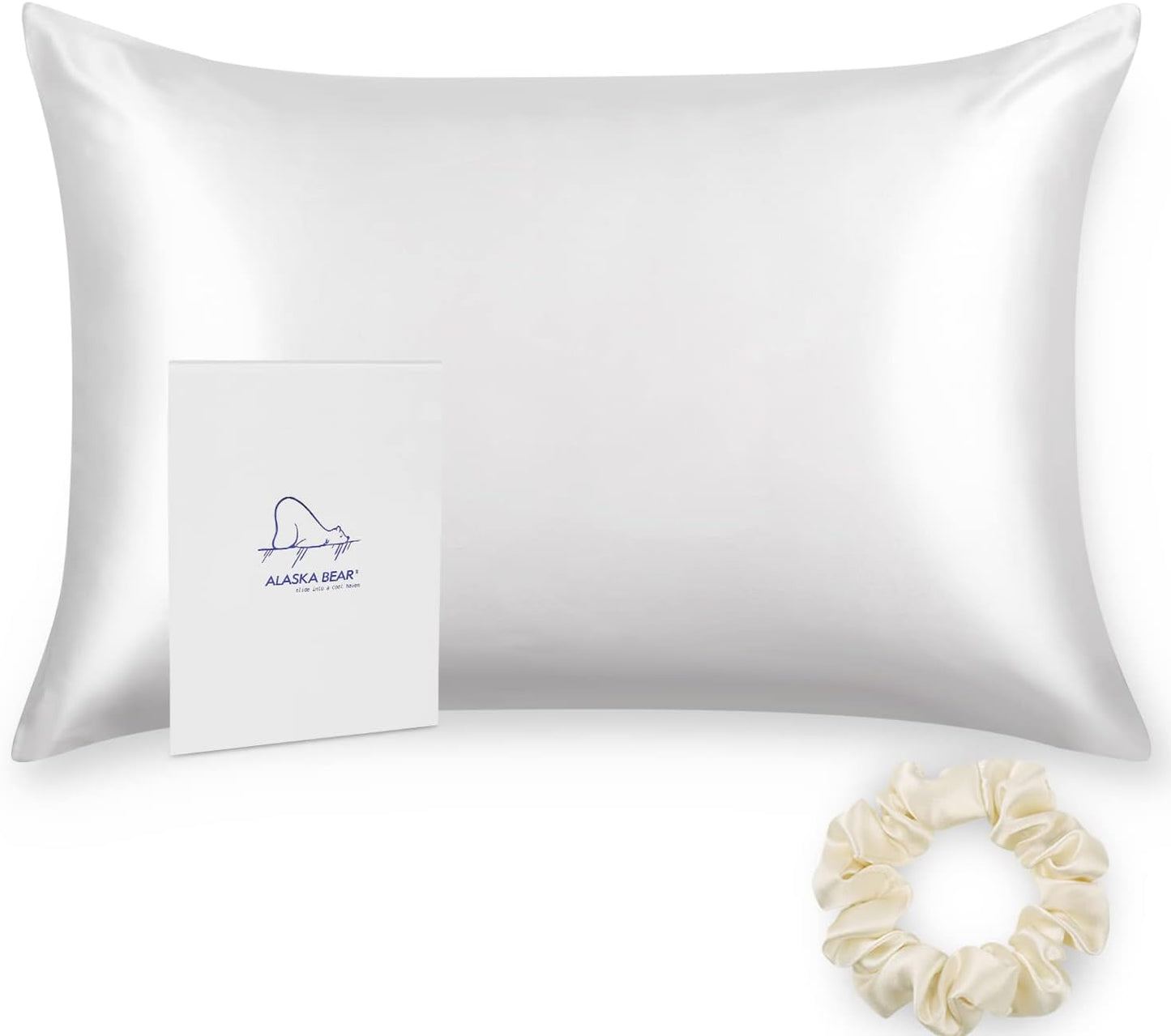 ALASKA BEAR Silk Pillowcase for Hair and Skin, 100% Mulberry Silk Pillow Cases Standard Size for Bliss Sleep with Random Color Scrunchy Gift Set Better Than Poly Satin, Zipper Closure, 1pc, Cool White