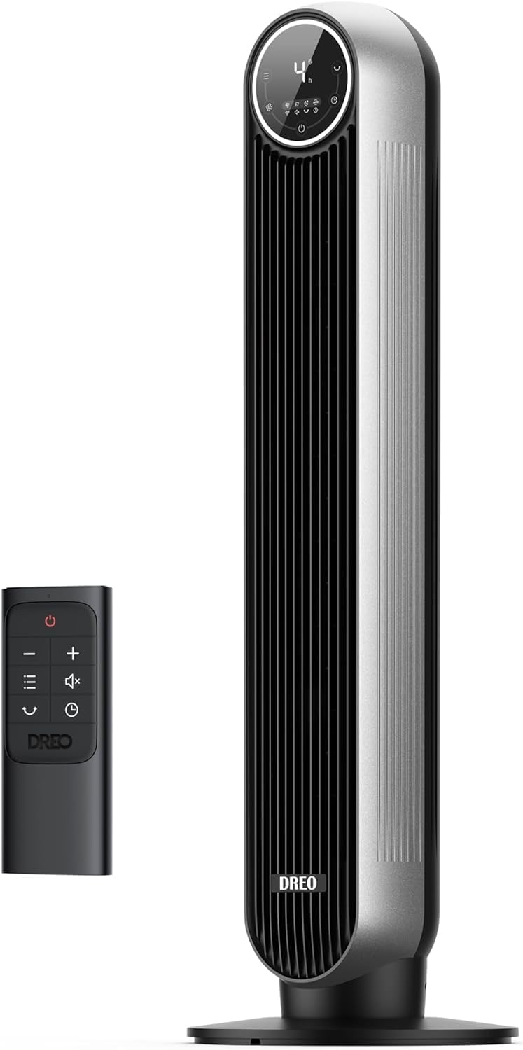 Dreo Tower Fan for Bedroom, 25ft/s Velocity Quiet Floor Fan, 90° Oscillating Fans for Indoors with 4 Speeds, 4 Modes, 8H Timer, Bladeless Fan, Standing Fans, Silver, Nomad One (DR-HTF007)