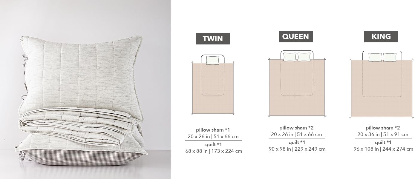 Quilts Queen Size，White Cotton Linen Bedspreads Queen Size，3-Pieces Queen Quilt Set with Grey Gingham Bedding Coverlet with 2 Pillow Shams