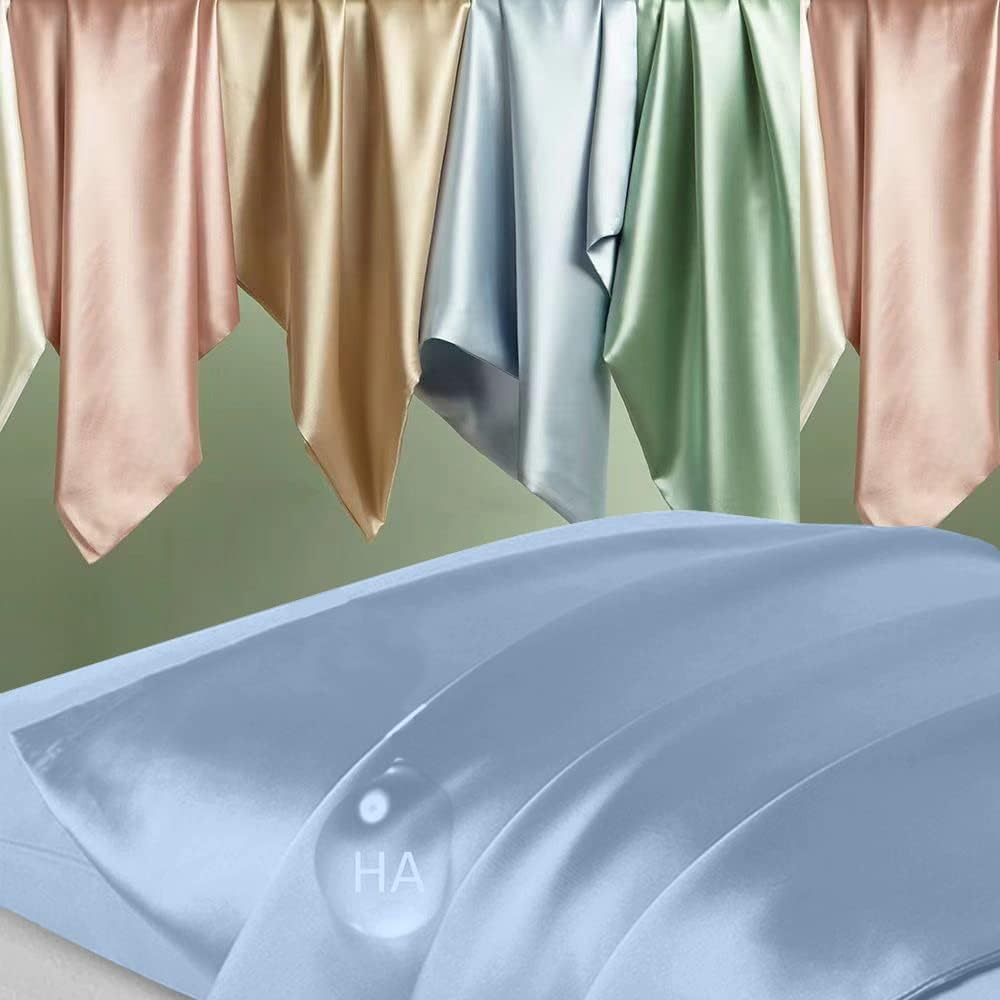 Silk Pillow Cases 2 Pack, Mulberry Silk Pillowcases Standard Set of 2, Health, Anti Acne,Beauty Sleep, Both Sides Natural Silk Satin Pillow Cases for Women 2 Pack with Zipper for Gift, Haze Blue
