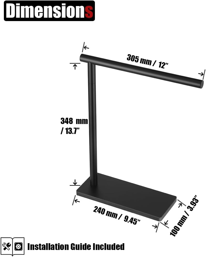 JQK Hand Towel Holder Stand Black, Modern Tree Rack Free Standing for Countertop with 12 Inch Bar, 304 Stainless Steel Matte Black Thicken 0.8mm, HTT170-PB