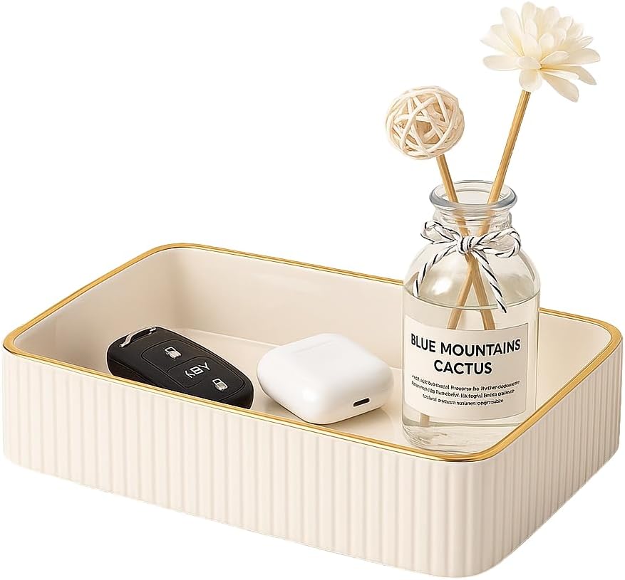 Leather Desk Organizer Tray - Decorative Vanity Perfume Tray & Jewelry Holder, Key Bowl for Entryway, Nightstand Organizer with Handles for Women and Men