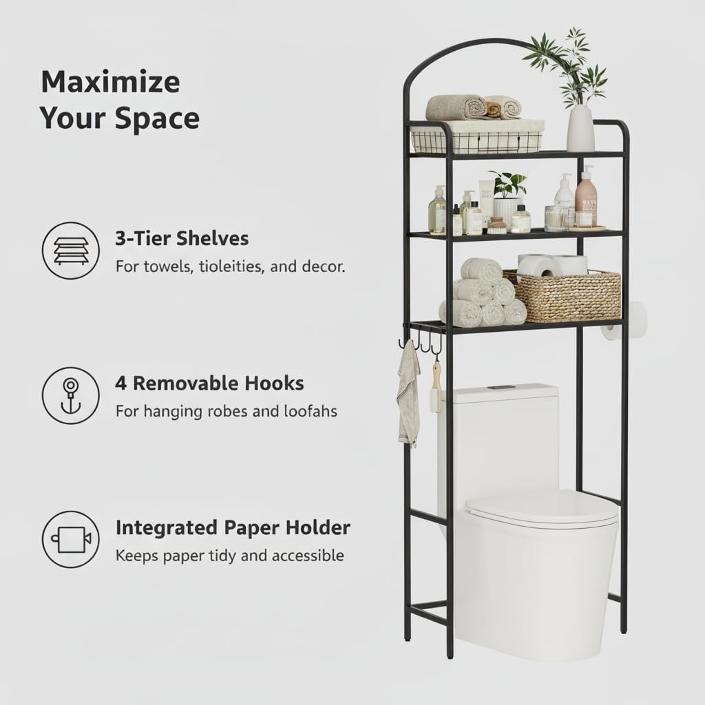 3-Tier Over The Toilet Storage, Bathroom Organizer, Space-Saving, Above Toilet Storage Rack with 4 Hooks and Paper Holder, Metal Shelf, Black