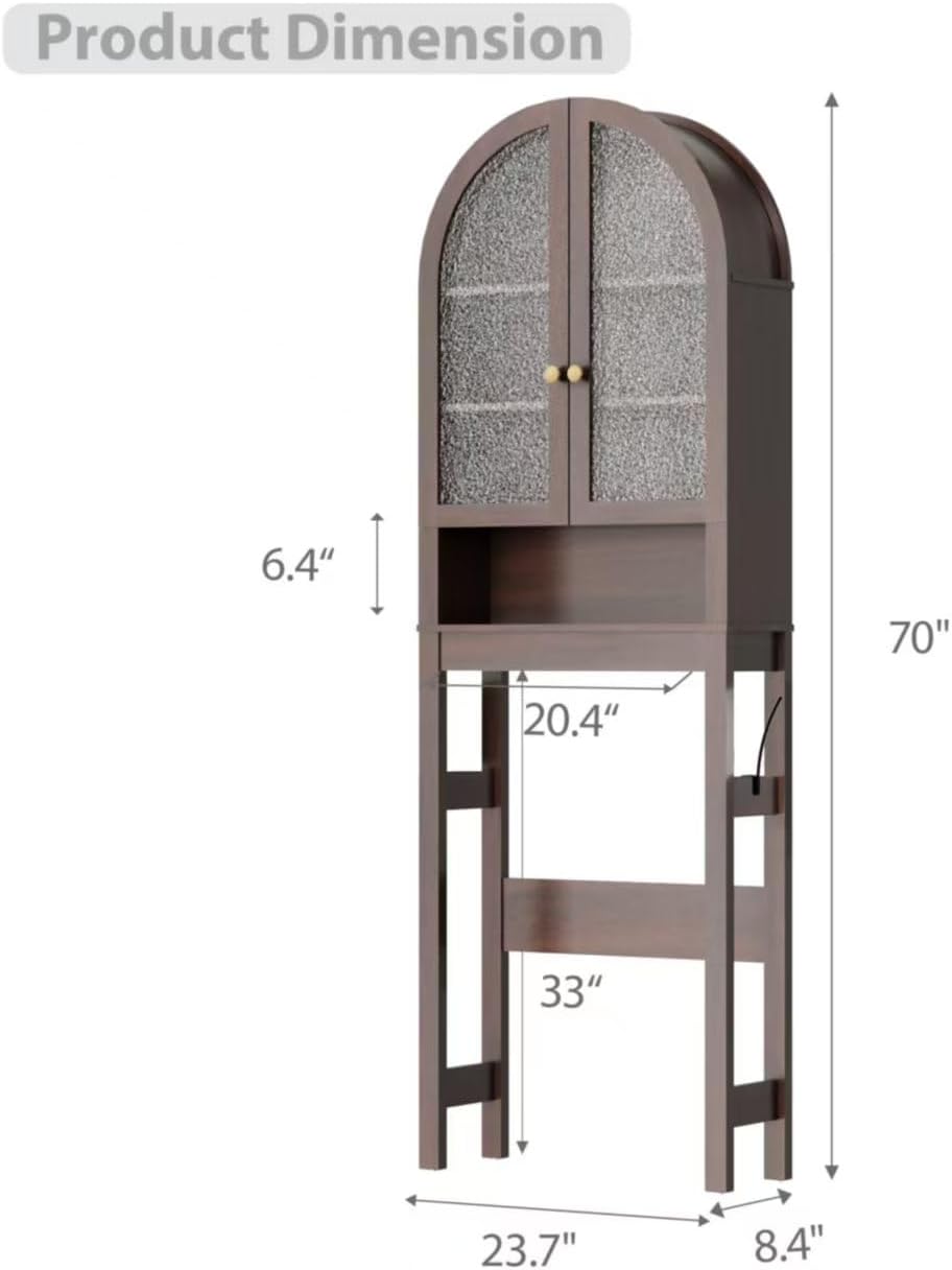 Over The Toilet Storage Cabinet, 23.7”W Modern Storage Cabinet Over Toilet with Acrylic Doors, Arched Freestanding Over Toilet Rack with Adjustable Shelf for Bathroom, Espresso