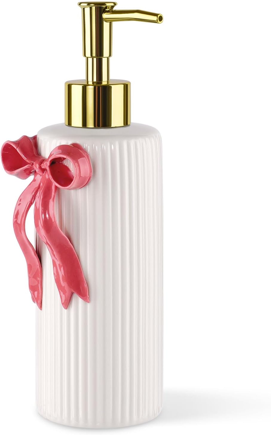 Handmade Ceramic Bow Soap Pump Dispenser Hand Lotion Liquid Dispenser Refillable for Kitchen and Bathroom Decorative (Ribbon Red)