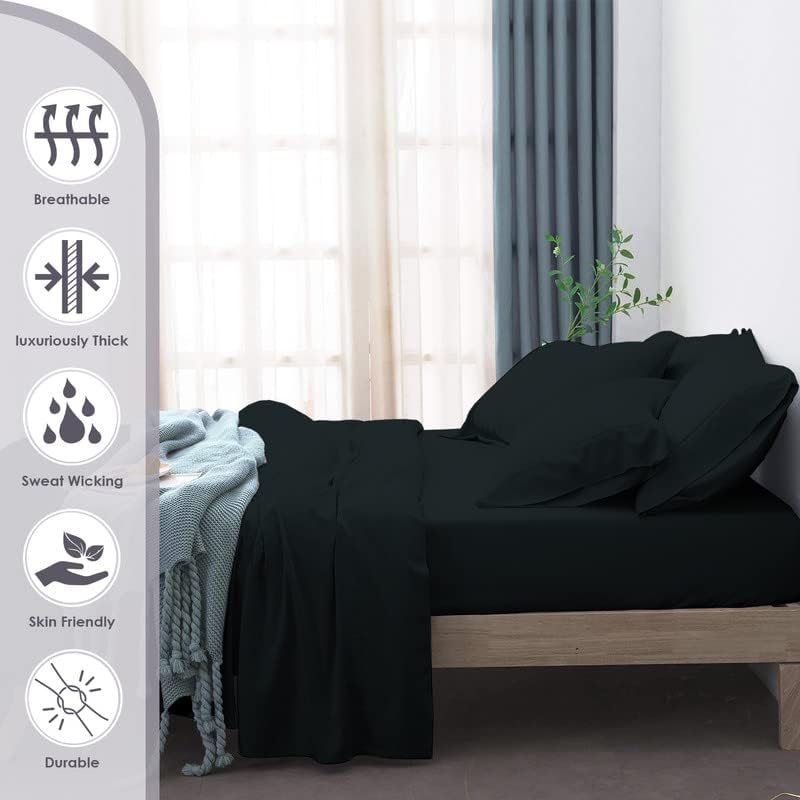 Pizuna Pure 100% Cotton Bed Sheets Set King Size Black, 800 Thread Count 100% Long Staple Cotton Sateen King Sheet Set with 15" Deep 2 Extra Pillowcases (Combed Cotton Bed Sheet Set)