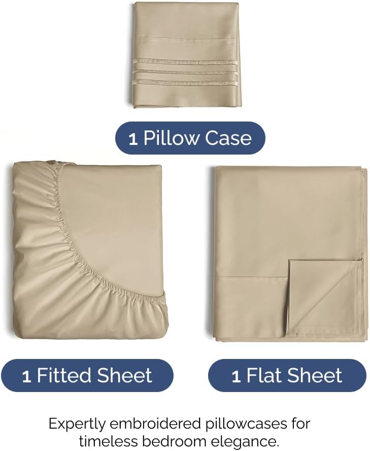 Twin Size 3 Piece Sheet Set - Comfy Breathable & Cooling Bed Sheets Set - Hotel Luxury Bedding for Women, Men, Kids, Teens, Boys & Girls - Deep Pockets, Ultra-Soft and Wrinkle Free - Oeko-Tex - Beige
