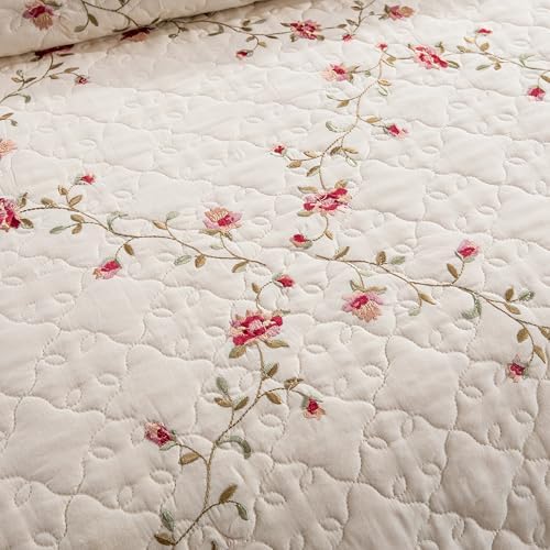 Quilt Set Floral Leaves 3D Embroidery Pattern 3 PCS Cotton Reversible Quilted Embroidered Decorative Bedspreads Coverlet Set, Lightweight &Soft Full Size Beige Bedding Coverlet for All Season