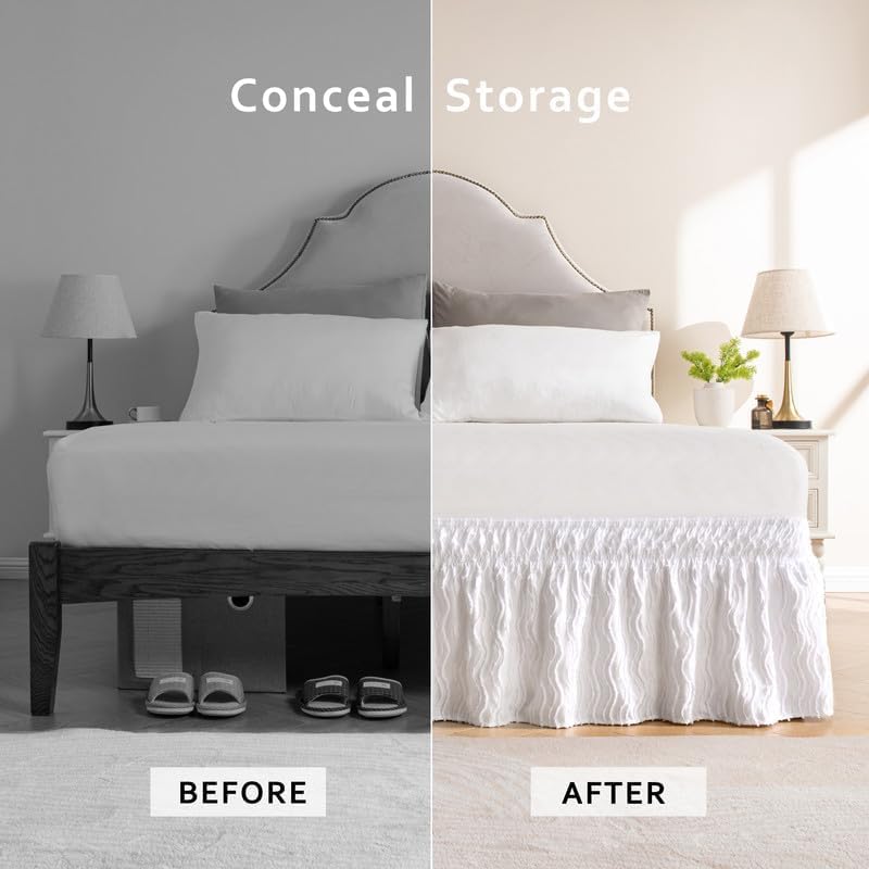 MIYE Wavy Tufted Bed Skirt - Wrap Around Dust Ruffle with Elastic Belts - 18 Inch Drop Easy to Put On - Bedskirt Machine Washable ＆ Wrinkle Resistant(Wavy/White, King/Queen-18 Drop)