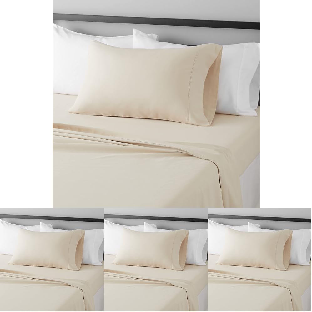 Amazon Basics Lightweight Super Soft Easy Care Comfortable Microfiber 3 Piece Bed Sheet Set with 14-Inch Deep Pockets, Twin XL, Beige, Solid (Pack of 4)
