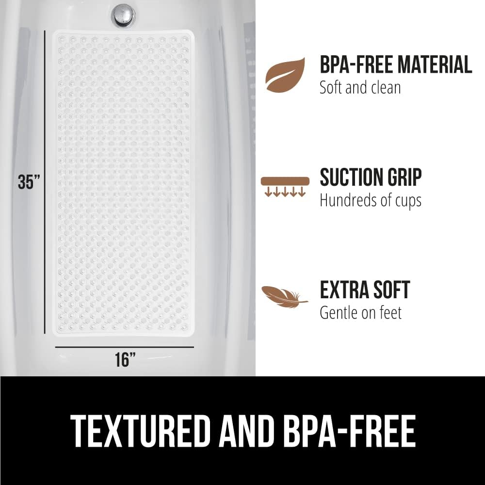 GORILLA GRIP Patented Bath Tub Shower Mat, Machine Washable Bathtub Floor Liner Mats, Suction Cups and Drain Holes to Keep Tubs Clean, Soft on Feet, Bathroom Essentials, 35x16 Inch, White