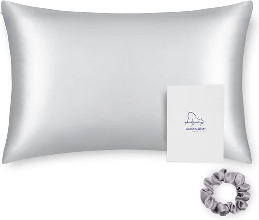 ALASKA BEAR 100% Pure Mulberry Silk Pillowcase for Curly Hair Wife Women Mother Her Grandma Pillow Slip Machine Washable Queen 20"x30" (1 Pack, Silver)