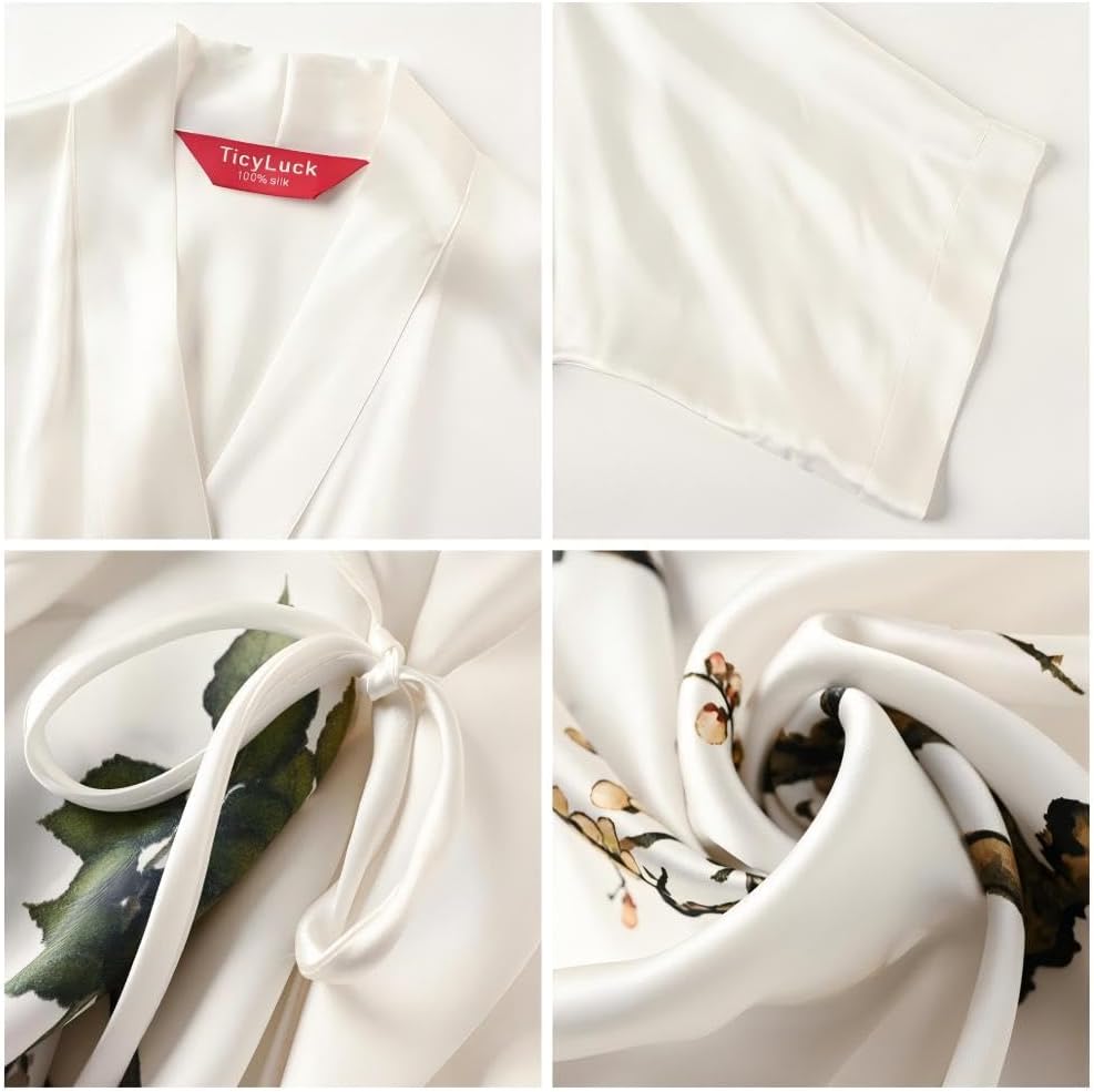 Women's Silk Kimono Robe Long Bathrobe Nightgown 100% Mulberry Silk for Women - Classic Floral Pattern