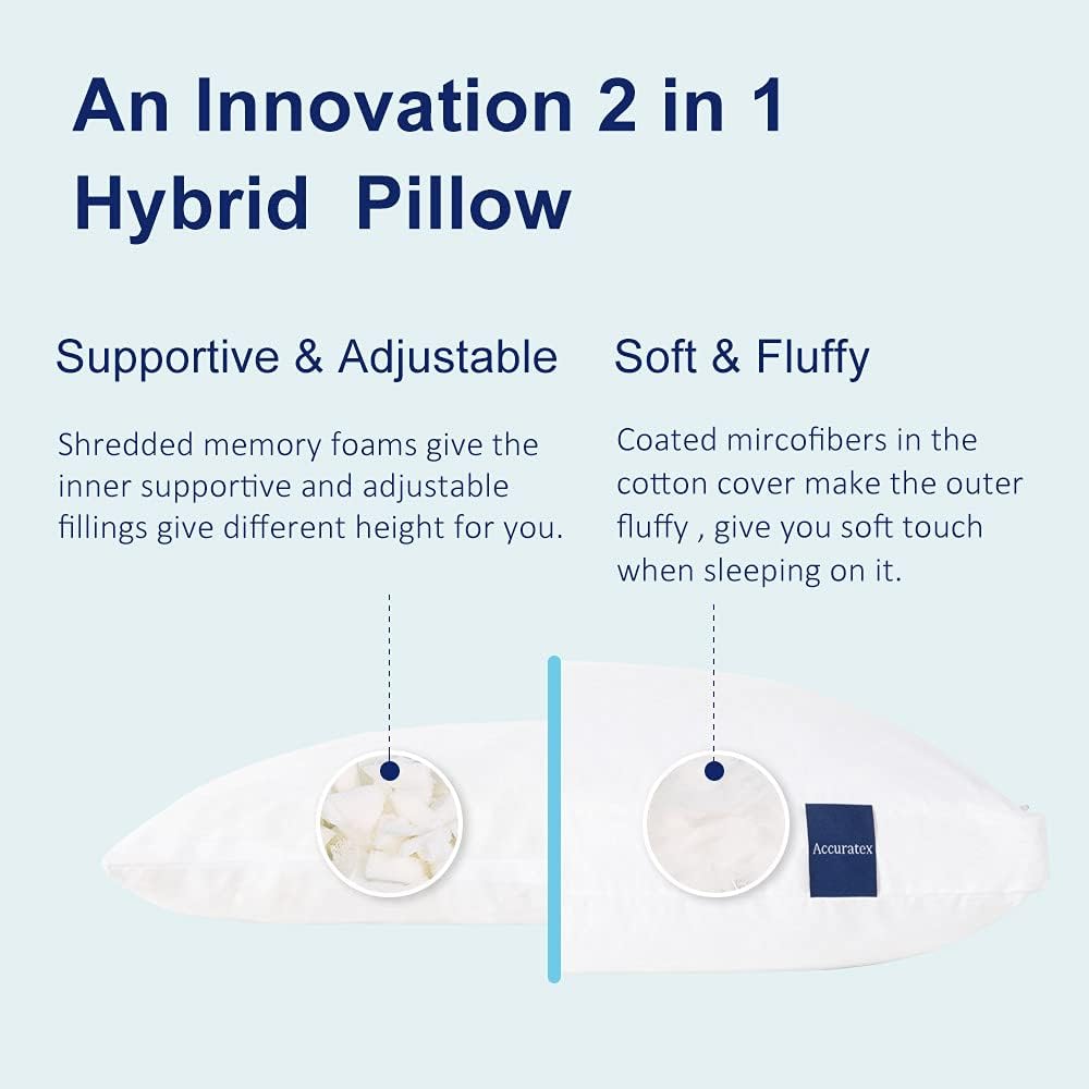 ACCURATEX Pillows Standard Size Set of 2, Hybrid Shredded Memory Foam Pillow[Adjustable Loft], Fluffy Down Alternative Fill Removable Cotton Cover, Firm Supportive Pillow for Side Back Sleepers