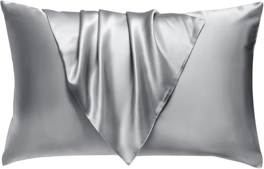 BHZ Satin Goose Down Feather Pillows Queen Size with Satin Pillowcase for Hair and Skin, Cooling Pillow Cases Similar to Silk Pillow Cases, Decorative for Women, Mom Men, Grey