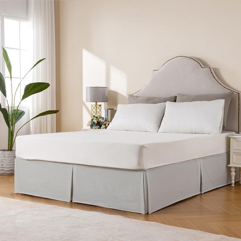 MIYE Pleated Waffle Weave Bed Skirt, Tailored Dust Ruffle 16 Inch Drop Easy Fit, Machine Washable (Light Grey, Queen - 16" Drop)