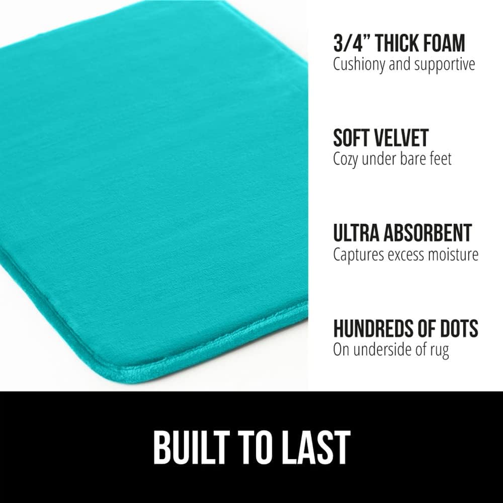 GORILLA GRIP Memory Foam Bath Rugs, Soft Absorbent Velvet Bathroom Mats, Durable Dots on Underside, Machine Washable Bathmat, Carpet Rug Room Decor for Shower Floor, 24x17 Mat, Turquoise