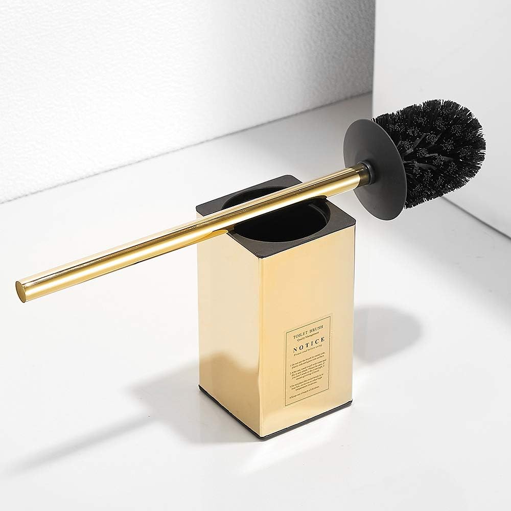 Freestanding Toilet Brush Holder for bathrooms 304 Stainless Steel Toilet Brush Stand Square Storage and Organization Rust Resistant 17-inch high Polished Gold Finished