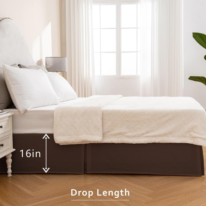 MIYE Pleated Waffle Weave Bed Skirt, Tailored Dust Ruffle 16 Inch Drop Easy Fit, Machine Washable (Brown, King - 16" Drop)