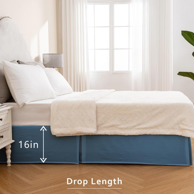 MIYE Pleated Waffle Weave Bed Skirt, Tailored Dust Ruffle 16 Inch Drop Easy Fit, Machine Washable (Blue, Queen - 16" Drop)