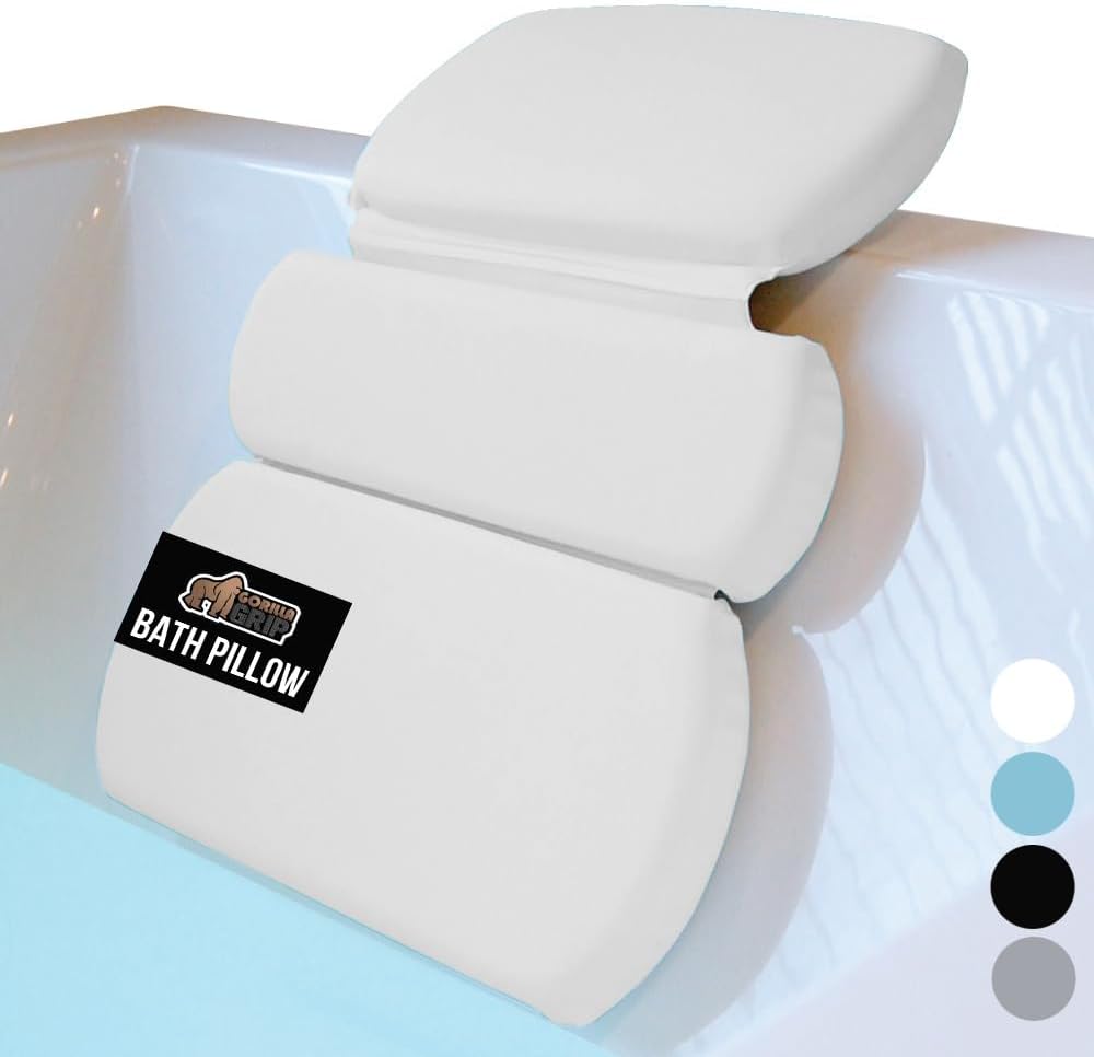 GORILLA GRIP Bath Pillow for Tub, Improved Suction Cups, Luxury Bathtub Pillows, Headrest for Neck and Back Support, Relaxing Home Spa, Hot Tubs and Bathroom Essentials, Gifts for Women, 3 Panel White