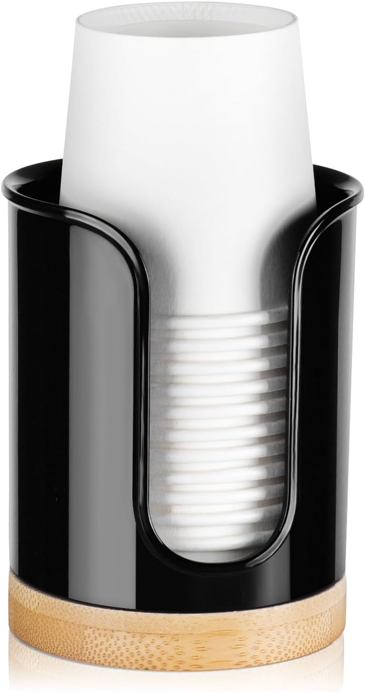 Bathroom Cup Dispenser Countertop - Cup Holder for Dixie 5 6 oz Cups, Guest Bathroom Essentials Vanity Organizer - PC/Bamboo, Black, Pack of 1