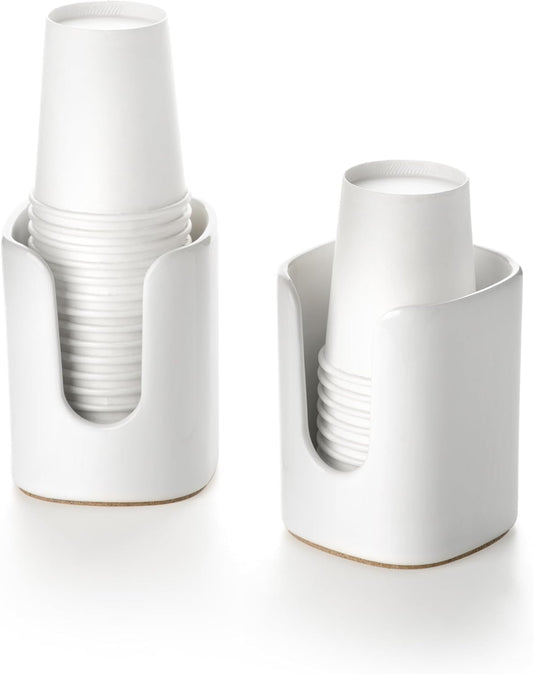 5 oz Square Ceramic Bathroom Cup Dispenser for Kids and Pregnancy - Disposable Paper Cup Holder for Mouthwash Cups on Bathroom Vanity Countertop (2 Pack, White)