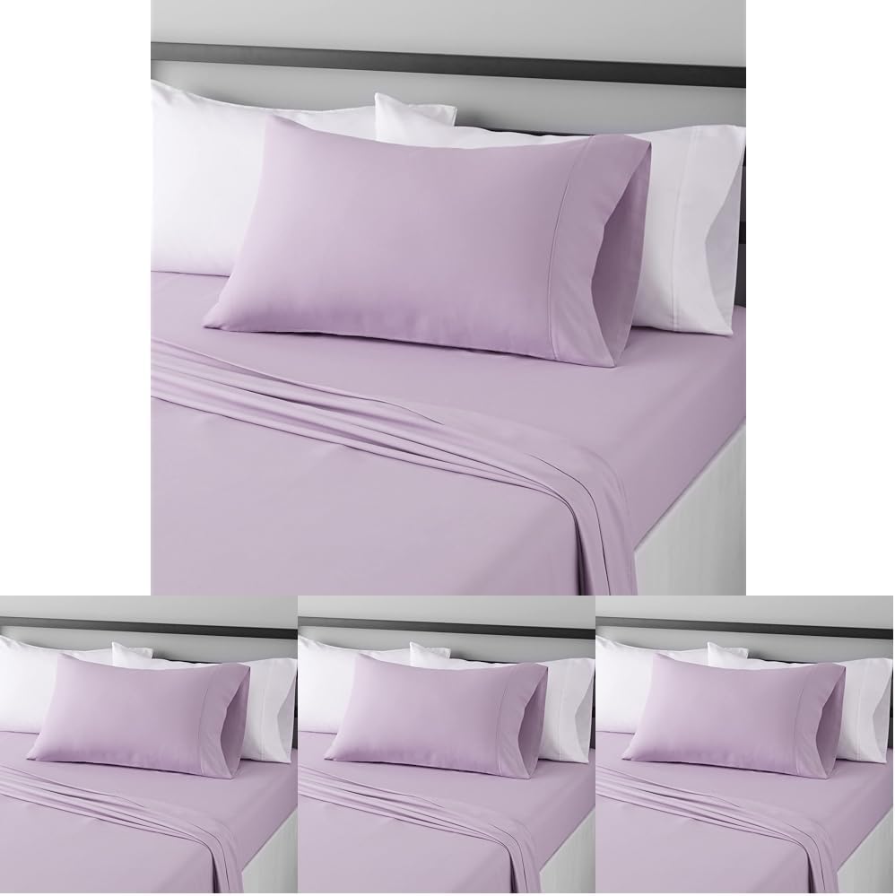Amazon Basics Lightweight Super Soft Easy Care Wrinkle Free Microfiber 3 Piece Bed Sheet Set with 14-Inch Deep Pockets, Twin, Frosted Lavender, Solid, Kids, Men & Women Bedding (Pack of 4)