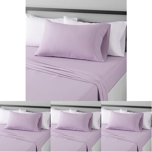 Amazon Basics Lightweight Super Soft Easy Care Wrinkle Free Microfiber 3 Piece Bed Sheet Set with 14-Inch Deep Pockets, Twin, Frosted Lavender, Solid, Kids, Men & Women Bedding (Pack of 4)