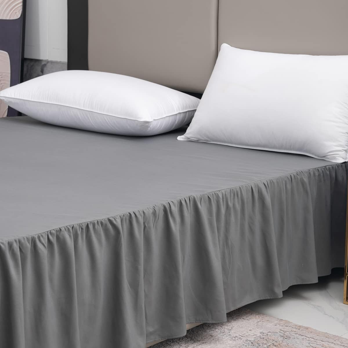 Grey Bed Skirt Queen Size Ruffled Bed Skirt with Split Corners, Queen Bed Skirt 14 Inch Drop, TSUTOMI Queen Size Bed Skirt Grey for Ruffled Bed Skirt with Split Corners, Bed Skirt Queen Size