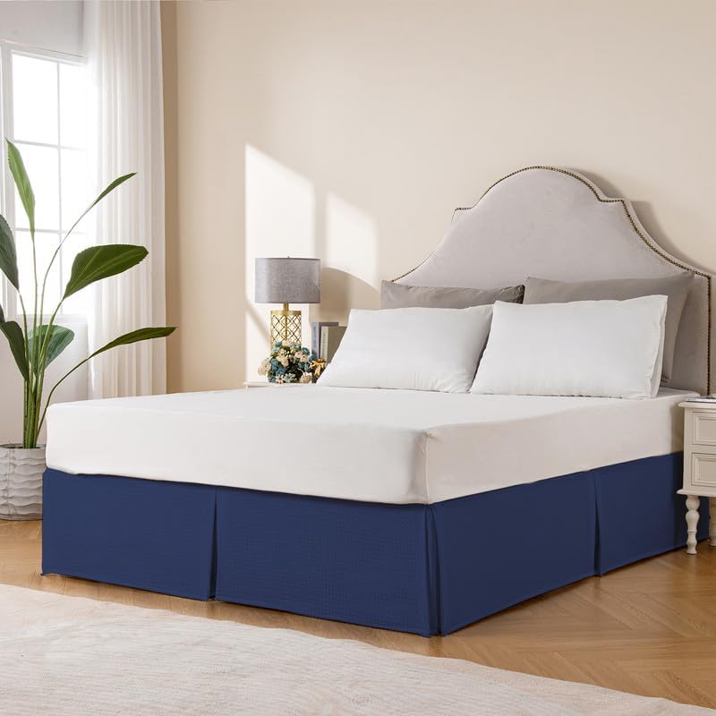 MIYE Pleated Waffle Weave Bed Skirt, Tailored Dust Ruffle 16 Inch Drop Easy Fit, Machine Washable (Navy Blue, King - 16" Drop)