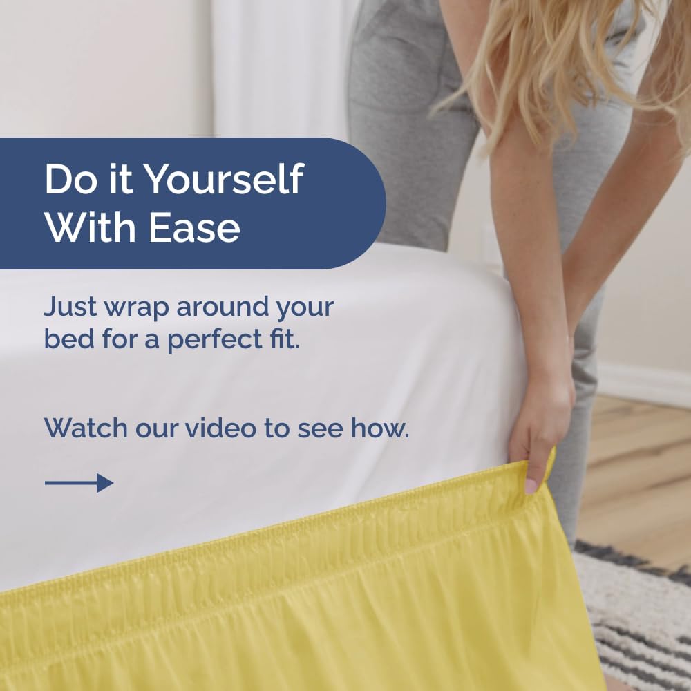 Wrap Around Dust Ruffle Bed Skirt - Yellow - for King Size Beds with 21 Inch Drop - Easy Fit Elastic Strap - Adjustable Pleated Bedskirt w/Brushed Fabric - Wrinkle Free - for Women, Men, Kids & Teens