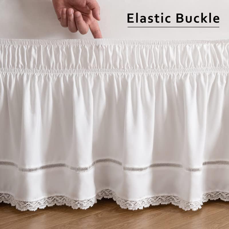 MIYE Wrap Around Ruffled Lace Bed Skirt, Elastic Dust Ruffle with Adjustable Belts, Easy to Put On, Bed Frame Cover, Machine Washable (Floral Lace/White, King/Queen-18 Drop)