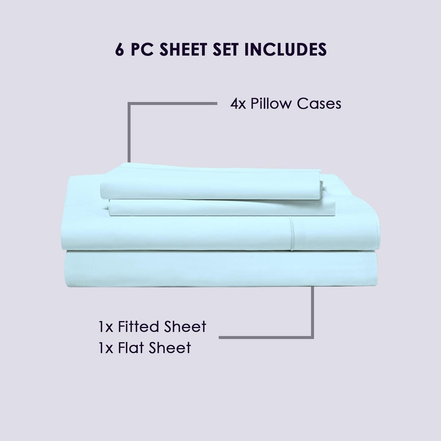 Pizuna Pure 100% Cotton Queen Size Sheets, 6pc Set with Deep Pocket, 800 TC Long Staple Crisp Sateen in Combed Baby Blue Cotton