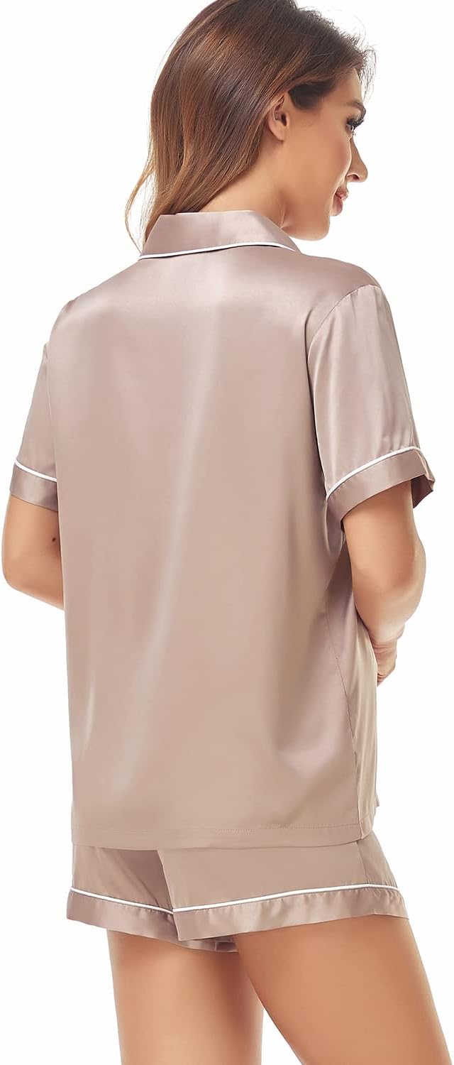 Women's Satin Pajama Set 2-Piece Sleepwear Loungewear Button Down Short Sleeve Silky PJ Set