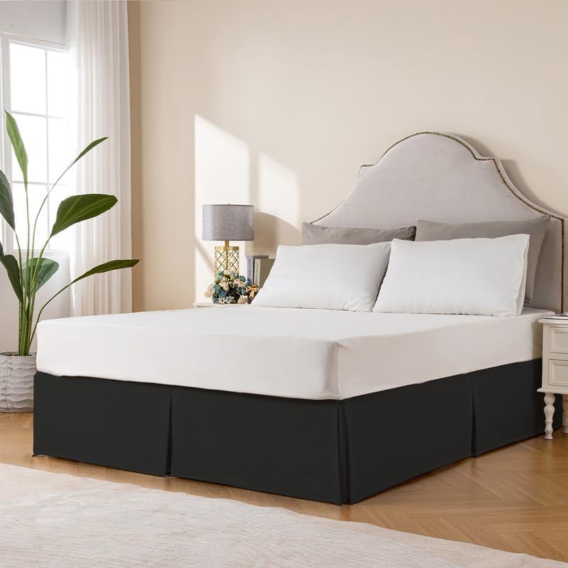 MIYE Pleated Waffle Weave Bed Skirt, Tailored Dust Ruffle 12 Inch Drop Easy Fit, Machine Washable (Black, Full - 12" Drop)