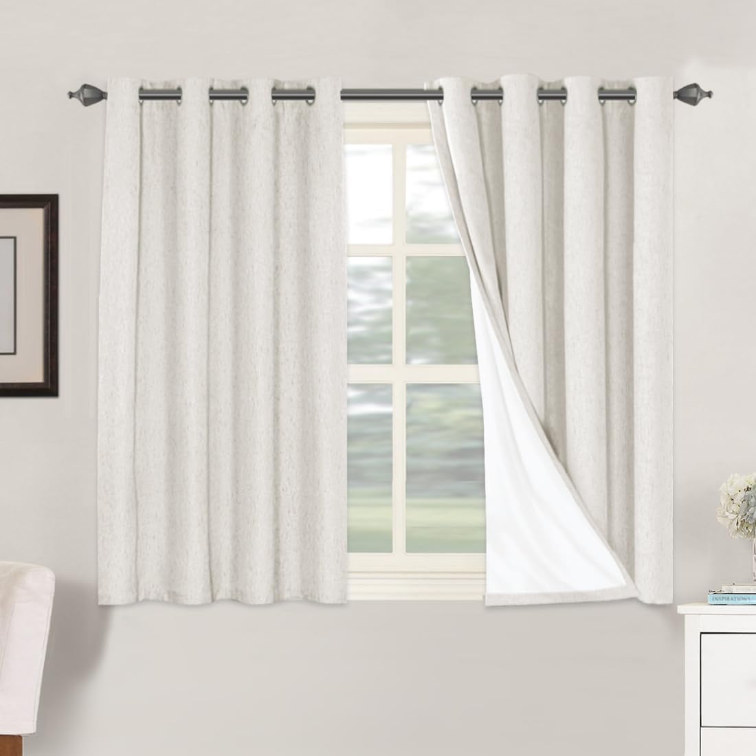 H.VERSAILTEX Primitive Linen Curtains 100% Blackout Curtain Drapes Burlap Fabric Curtains with White Thermal Insulated Liner, Grommet Top Drapes Living Room/Bedroom (2 Panels, 52 x 45 Inch, Ivory)