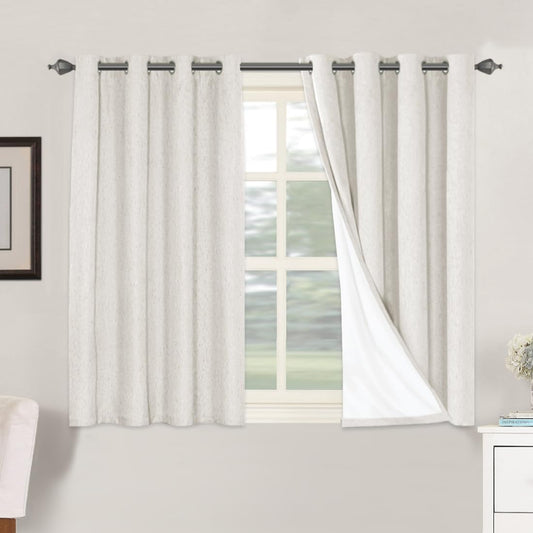 H.VERSAILTEX Primitive Linen Curtains 100% Blackout Curtain Drapes Burlap Fabric Curtains with White Thermal Insulated Liner, Grommet Top Drapes Living Room/Bedroom (2 Panels, 52 x 45 Inch, Ivory)
