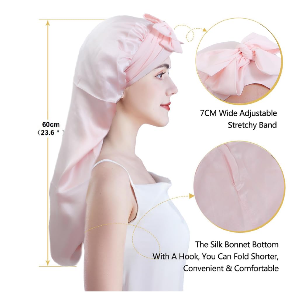 Cocheng Mulberry Silk Bonnet for Sleeping Long Silk Cap for Curly Hair Braids Bonnet for Women Sleep Cap with Tie Band