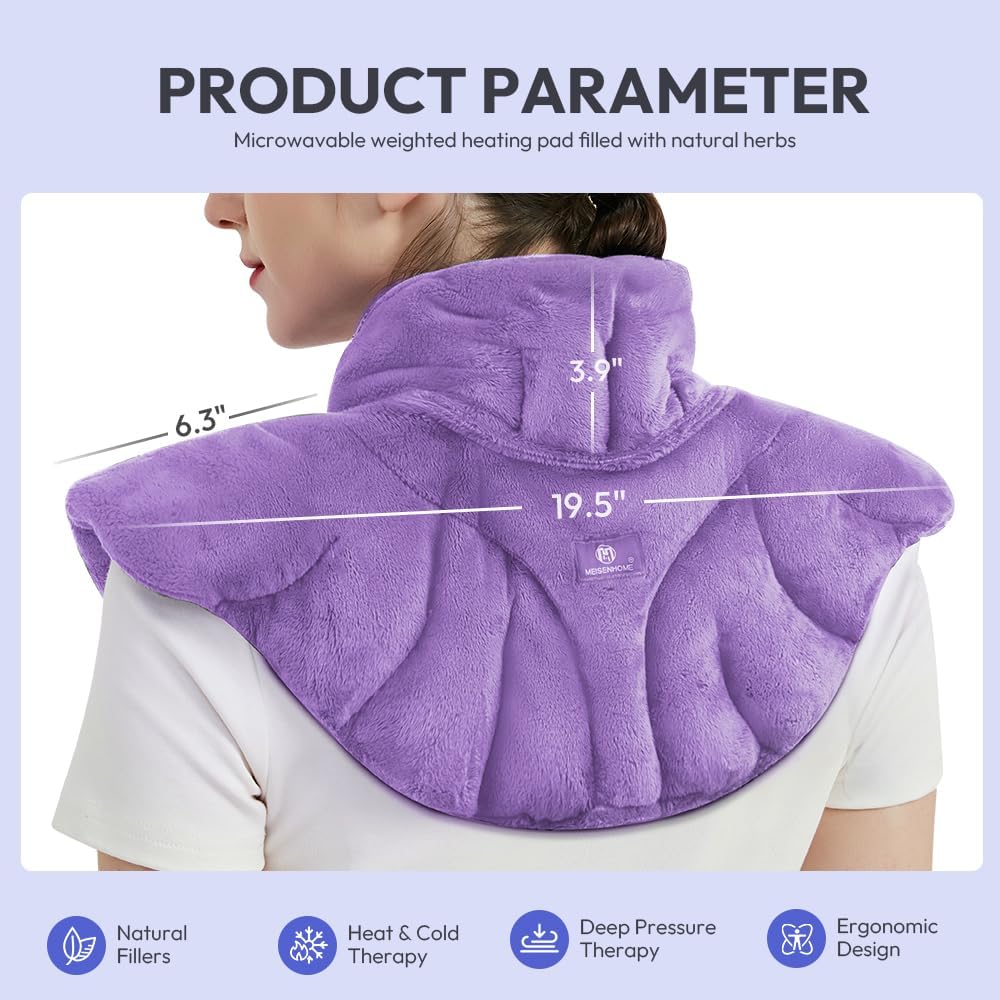 Microwavable Heating Pad for Neck and Shoulders, Weighted Microwave Moist Neck Wrap for Pain Relief Sore Muscle Stress Tension, Heated Wrap with Aromatherapy, Hot & Cold Compress, Purple