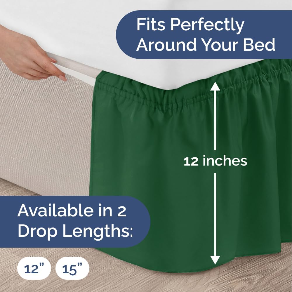 Wrap Around Dust Ruffle Bed Skirt - Emerald - for King Size Beds w/ 12 Inch Drop - Easy Fit Elastic Strap - Adjustable Pleated Bedskirt w/Brushed Fabric - Wrinkle Free - for Women, Men, Kids & Teens